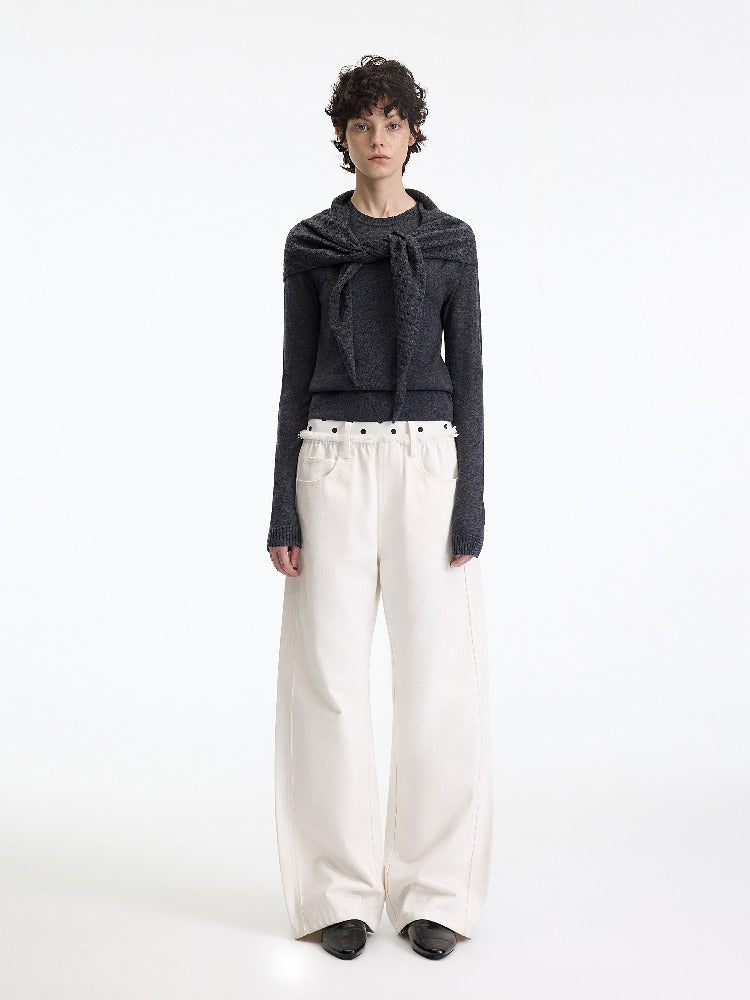 Beige Polka Waist Straight Jeans