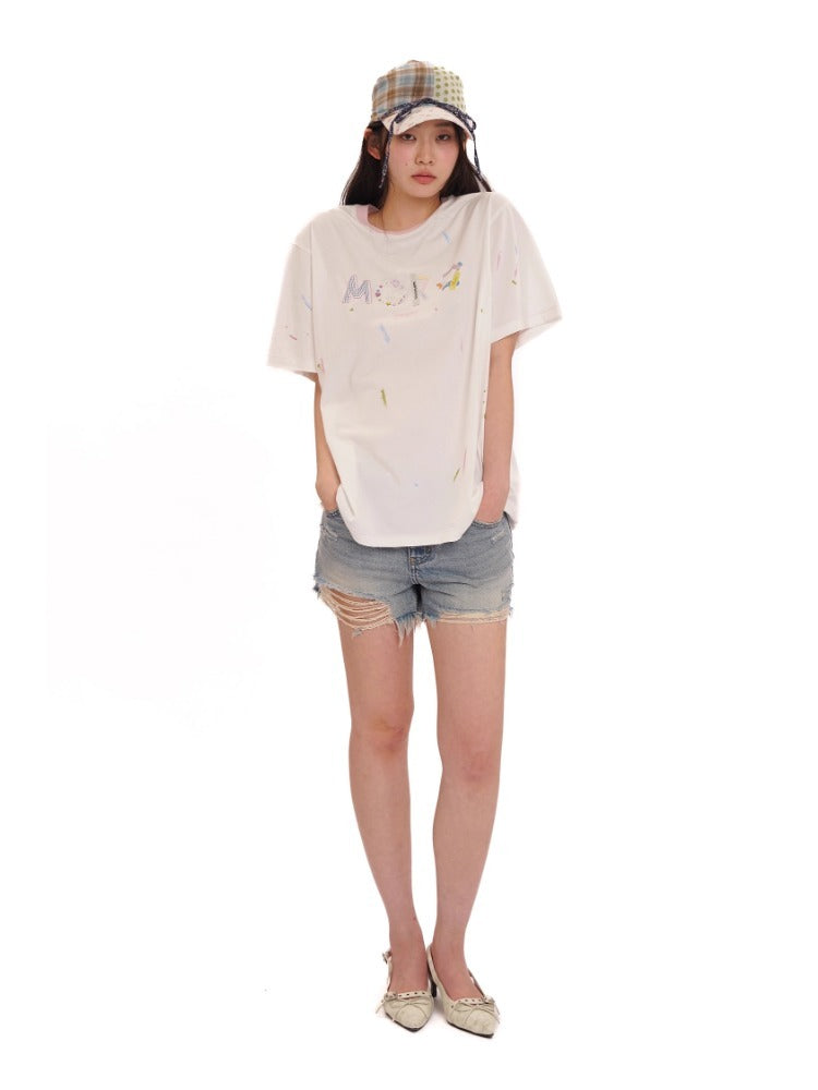 Colorful Rhinestone Print Ink Splash Contrast Color T-shirt