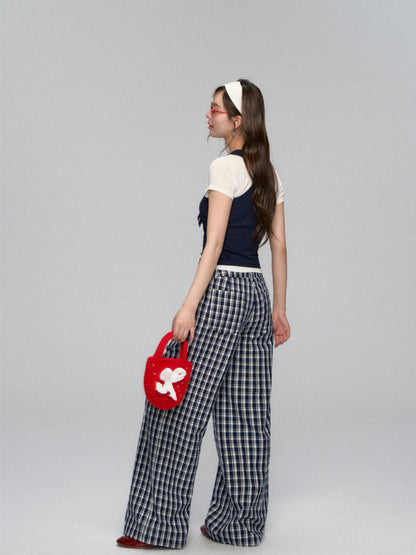 Checkered Bow Contrast Color Short-Sleeve Set