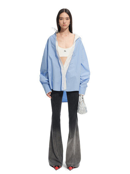 Wrinkle-Resistant Striped Fake Two-Piece Silhouette Collared Shirt