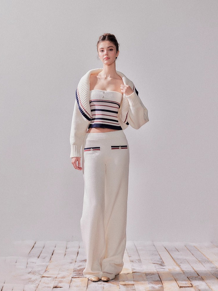 Striped Oversized Collar Knit Cardigan and Pants Set