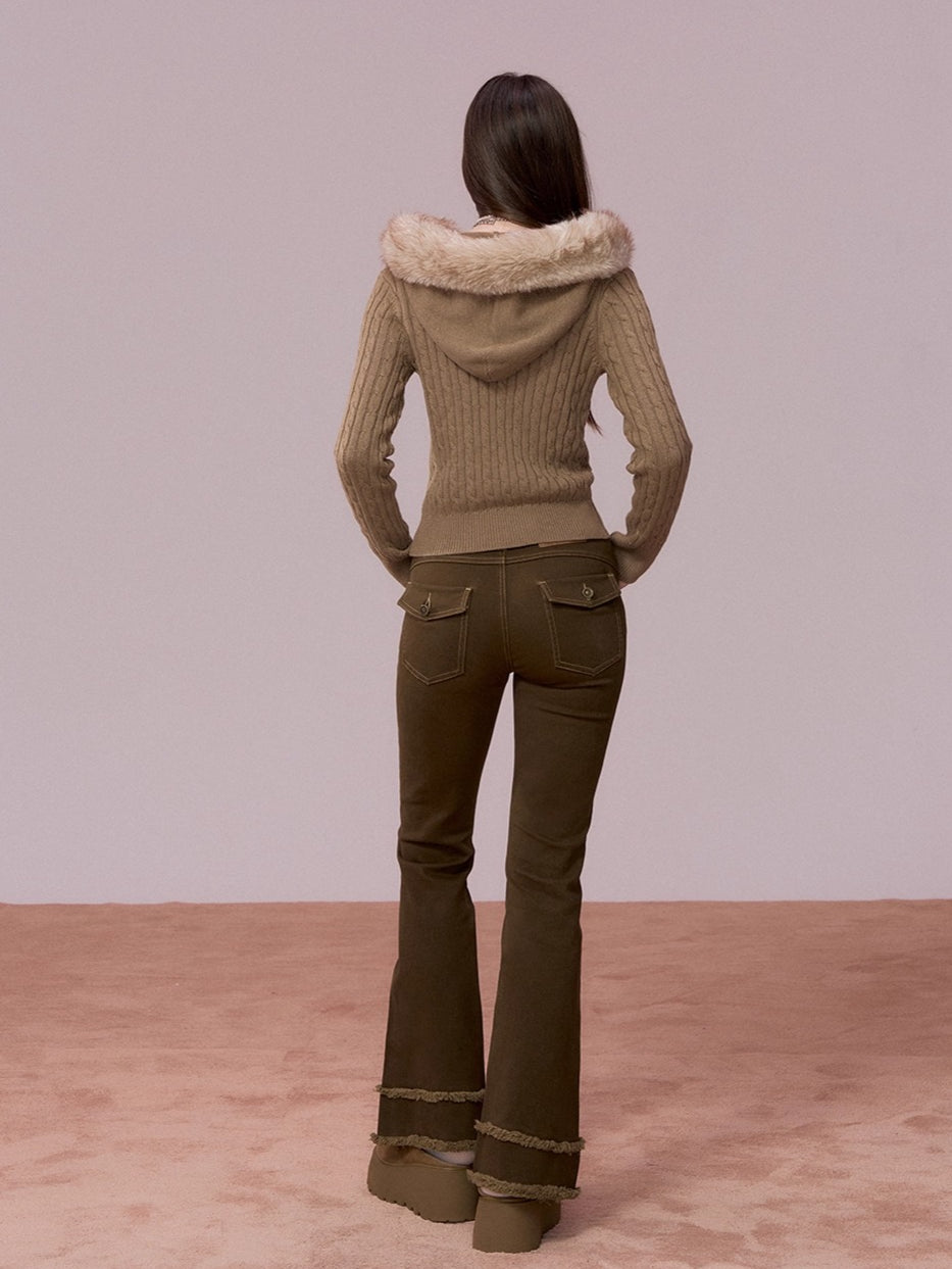 Faux Fur Collar Cable Knit Cardigan