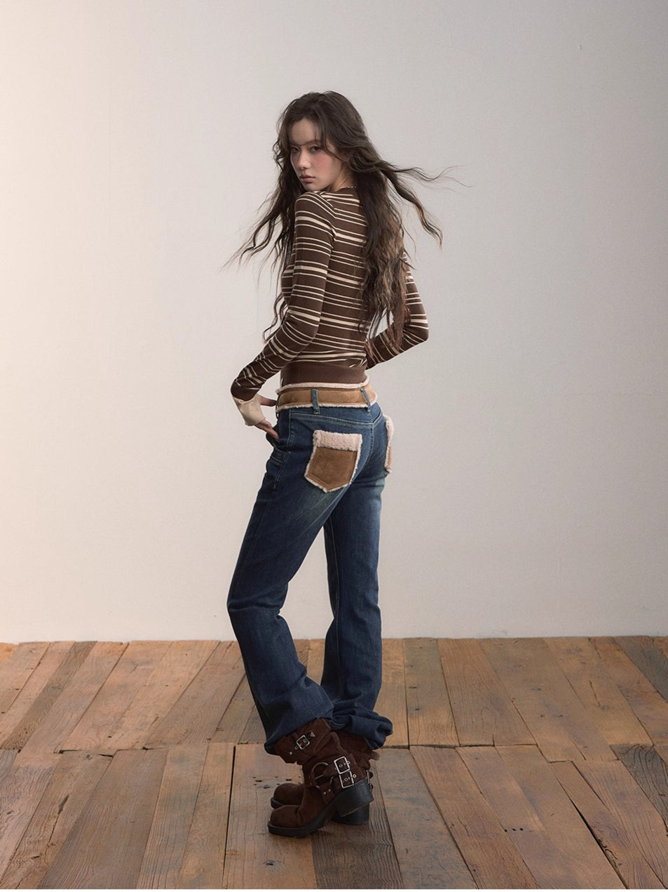Color-Blocked Stripe Crew Neck Long Sleeve Knit Top