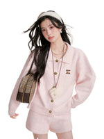 Pink Knit Turn-Down Collar Cardigan Set