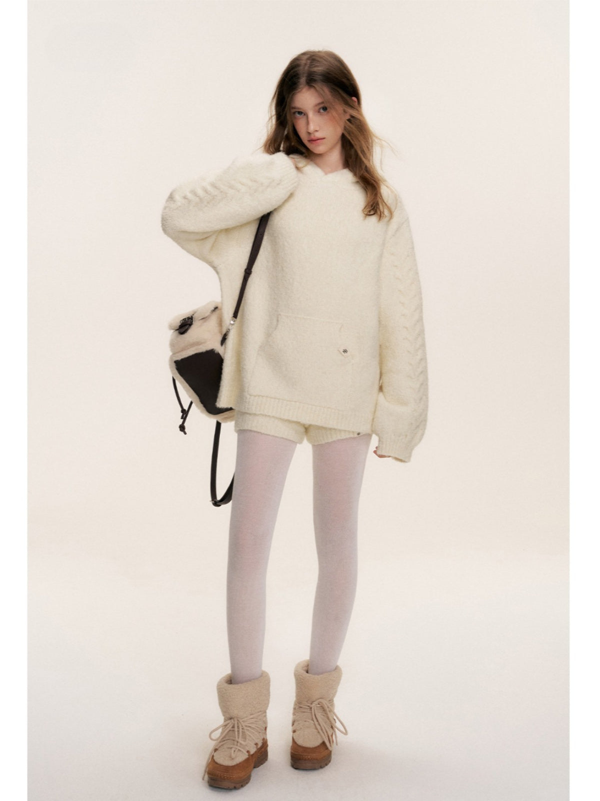Bouclé Cable Knit Hooded &amp; Shorts Set