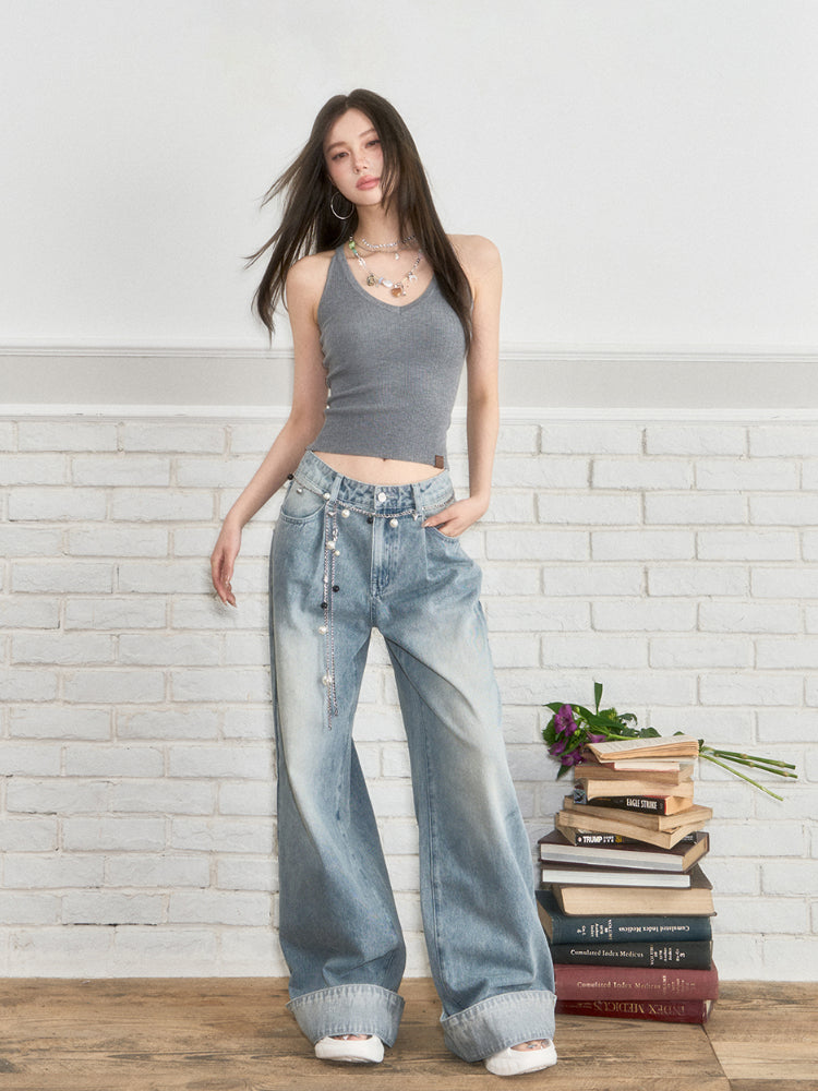 Flared Cuffs Contrast Pants Jeans
