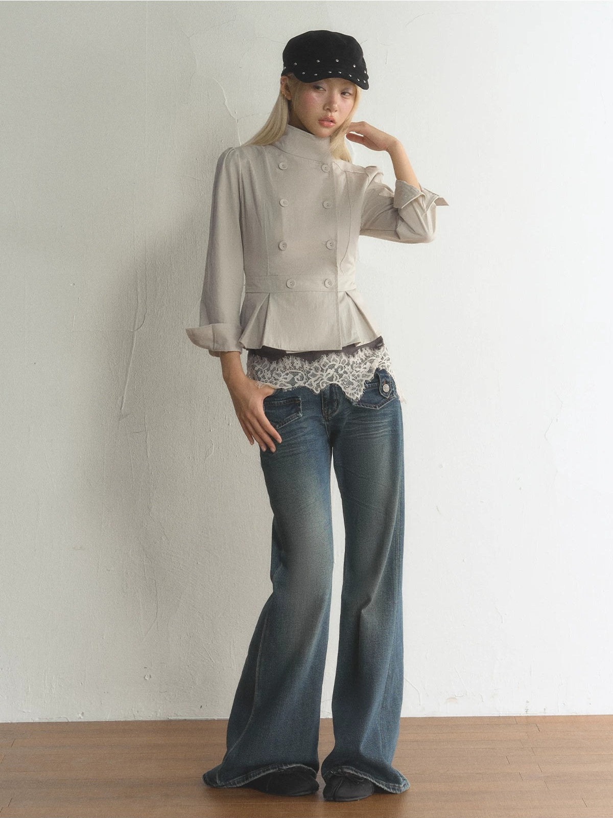 Vintage Stand Collar Peplum Jacket