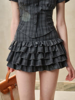 Gray Plaid Doll Collar Lace Waist Shirt & Cami Set