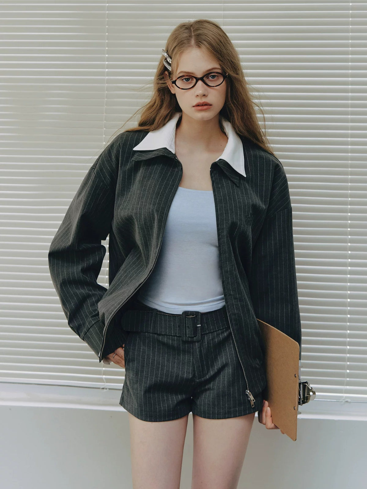 Spliced Jacket &amp; Striped Suit Shorts Set