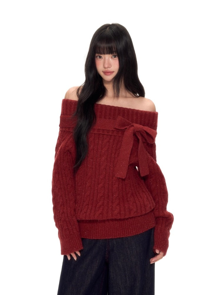 Red Off Shoulder Bow Knit Sweater