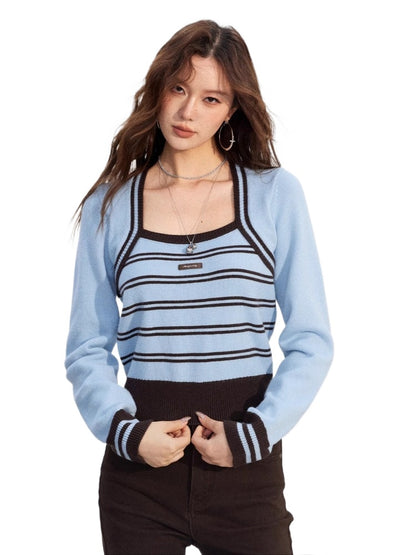 Contrast Stripe Square-Neck Sweater