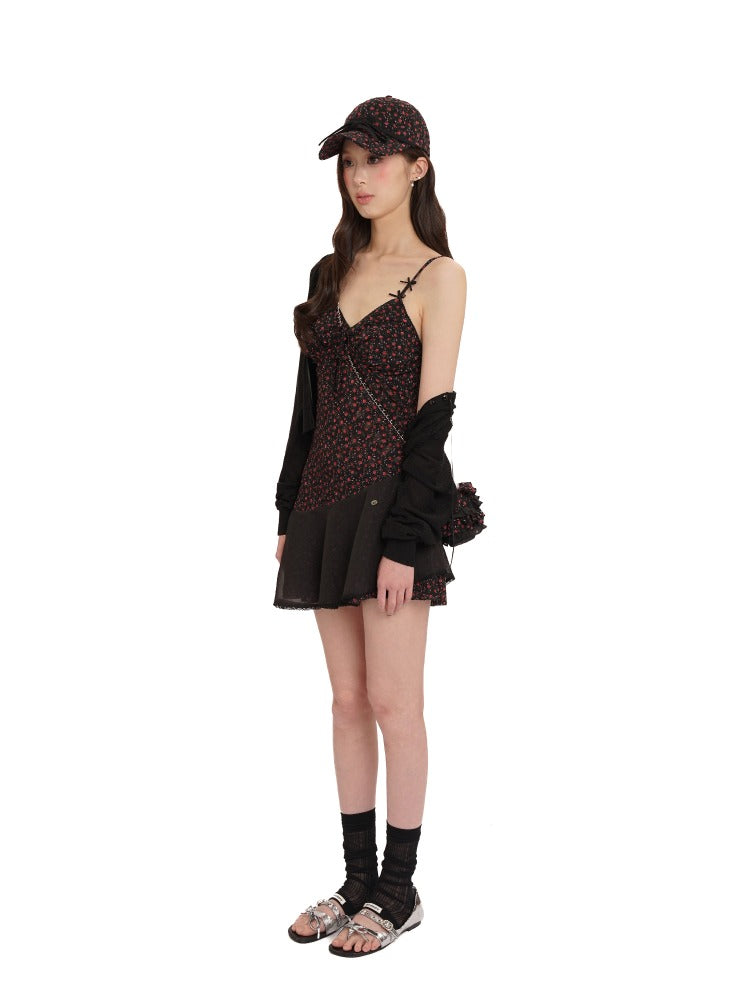 Plaid Floral Ribbon Bow Lace Trim Cami Dress