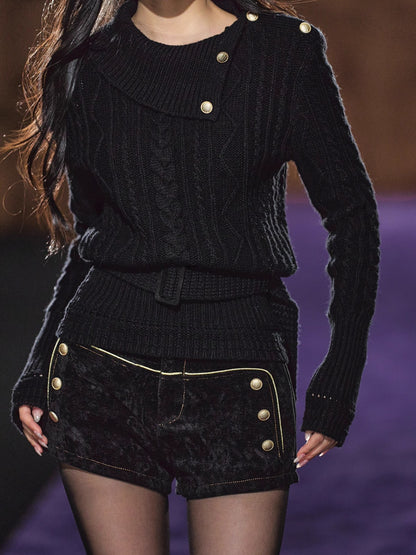 Black Corduroy Double-Breasted Shorts