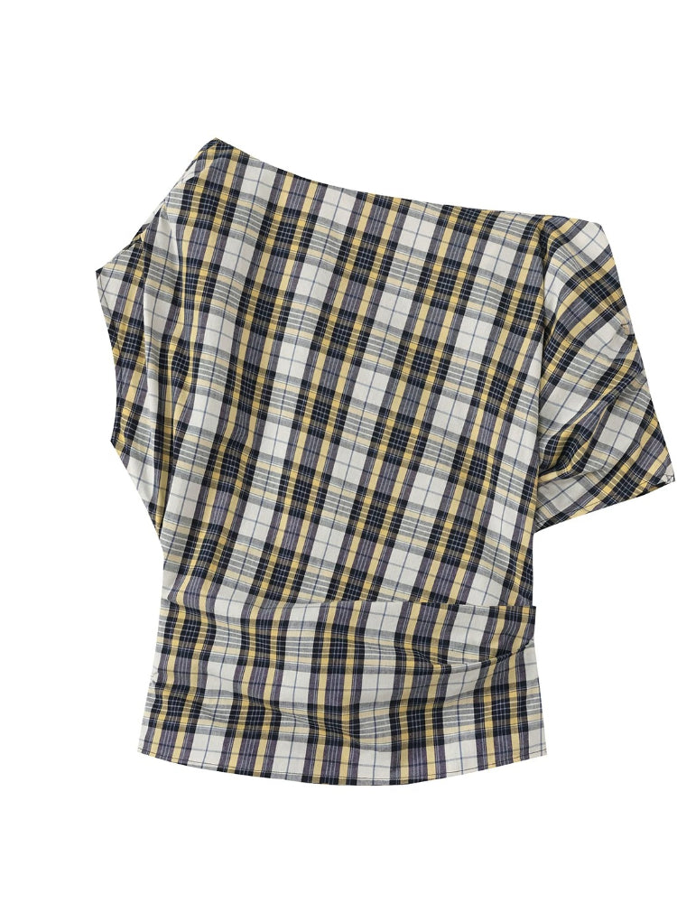 Asymmetric Plaid Draped Top