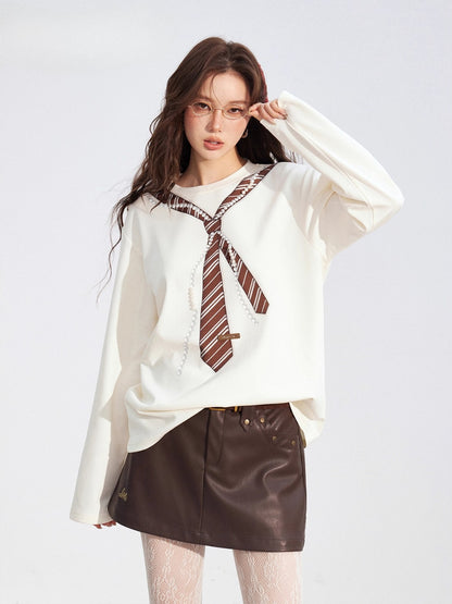 Pearl-Tie Printed Loose Long-Sleeve T-Shirt