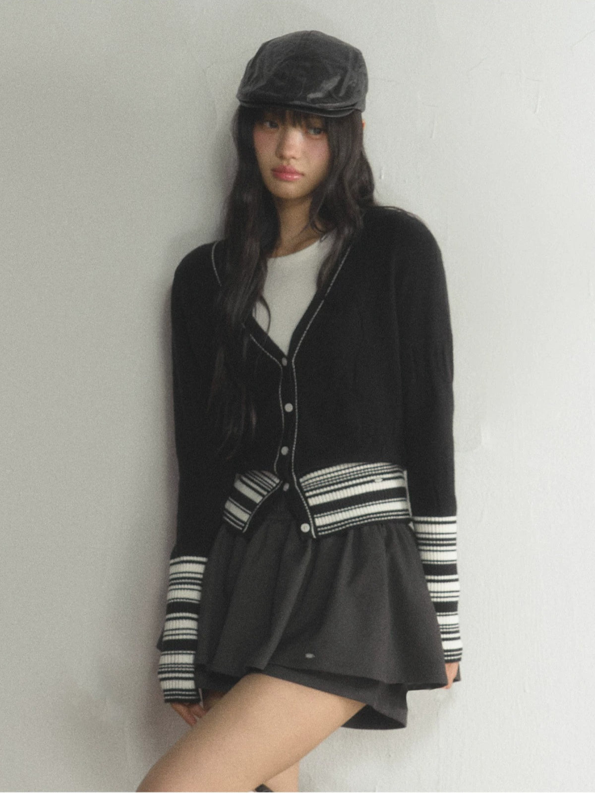 Contrast Striped V-Neck Knit Cardigan