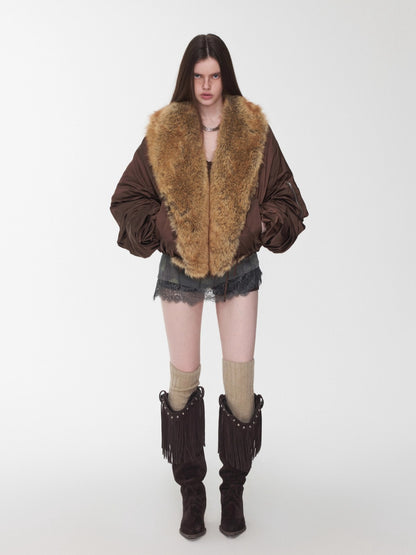 Brown Faux-Fur Collar Bomber Jacket