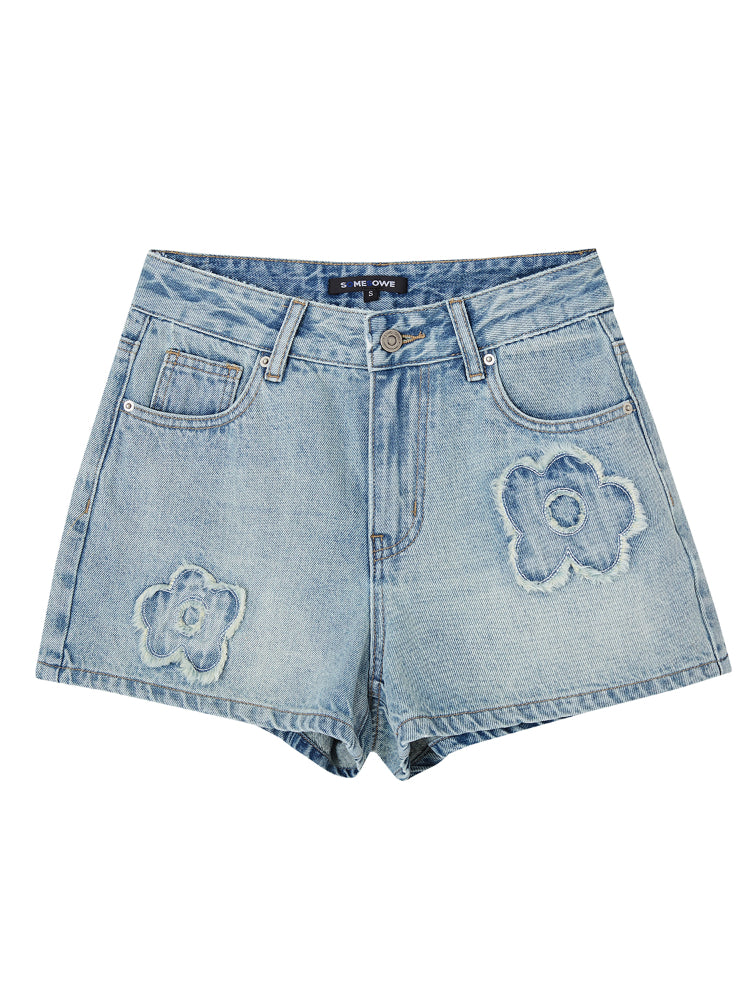 Raw-edge Floral Straight - leg Denim Shorts