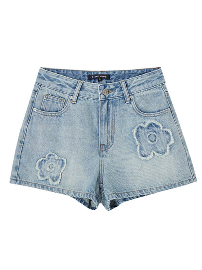 Raw-edge Floral Straight - leg Denim Shorts