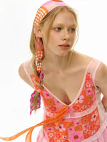 Orange Plaid Floral Ribbon Scarf