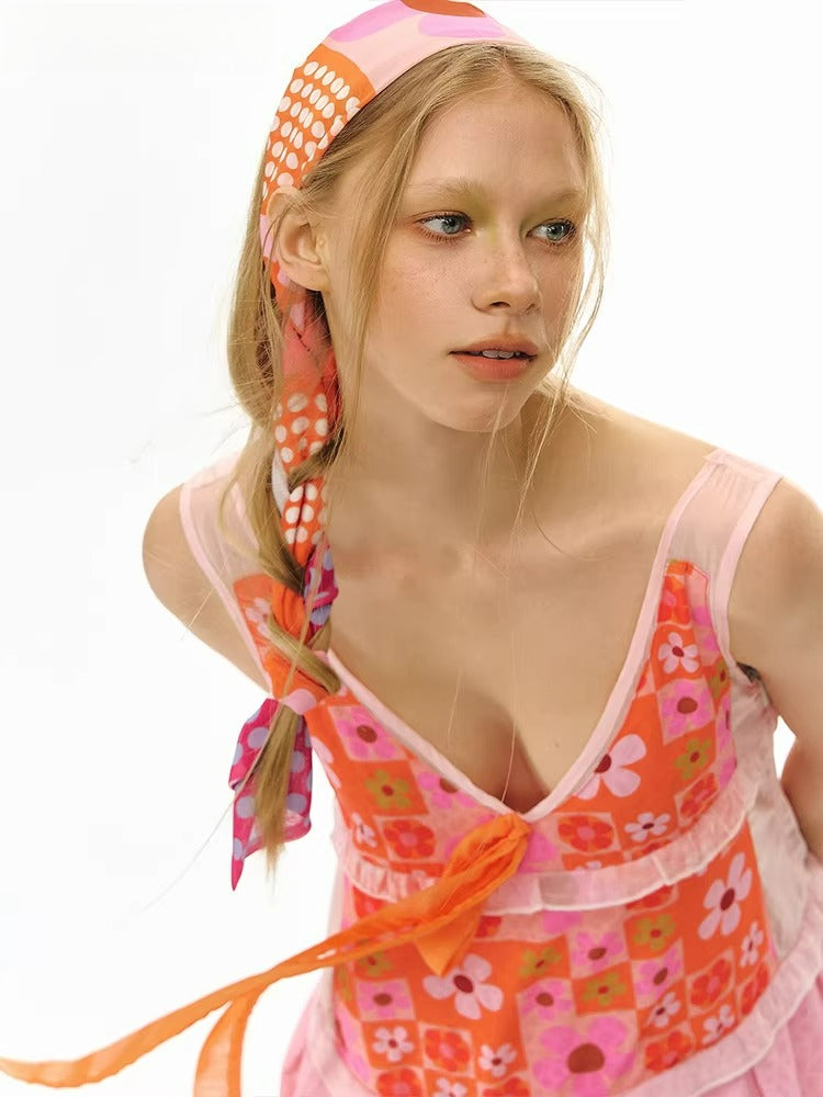 Orange Plaid Floral Ribbon Scarf