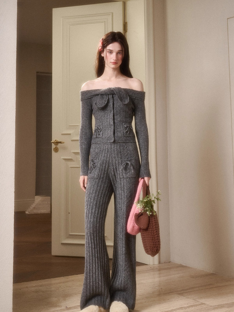 Velvet Bunny Wool Cloud Off-Shoulder Knit Cardigan &amp; Pants Set