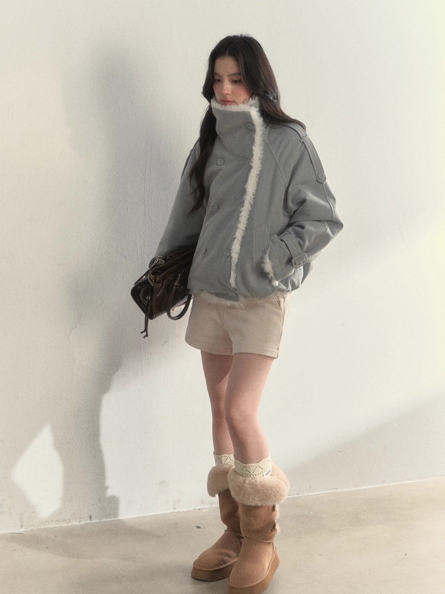 “Warm Oak Grove” Double-Breasted Faux Shearling Parka