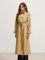 Khaki Puff-Sleeve Double-Breasted Long Trench Coat