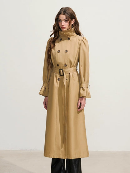 Khaki Puff-Sleeve Double-Breasted Long Trench Coat
