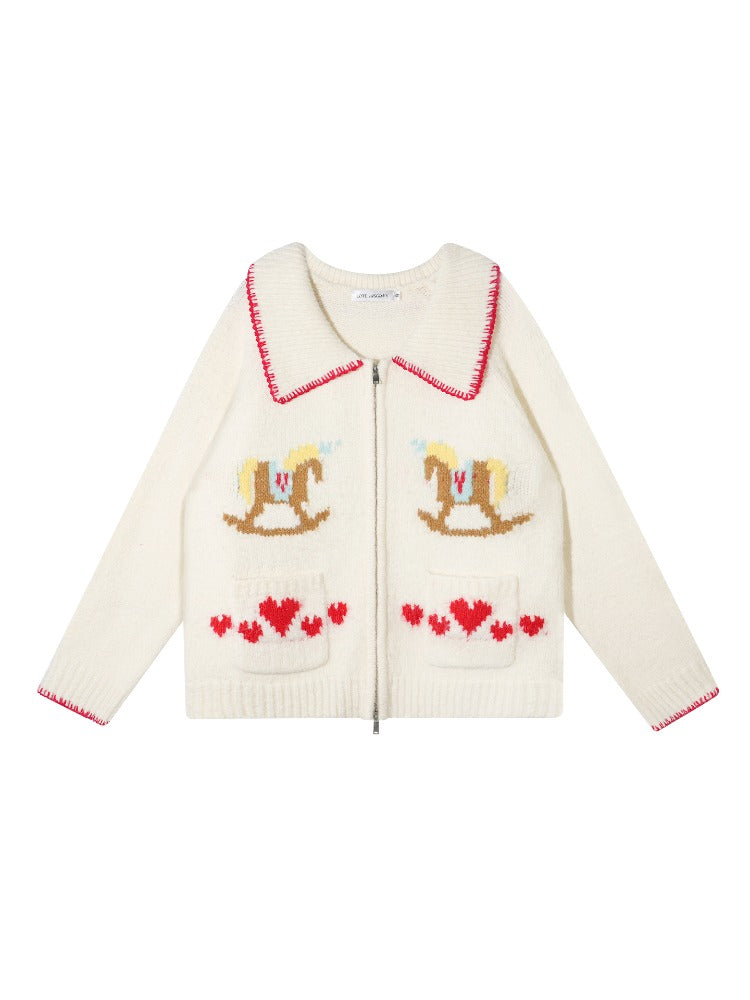 Contrast-Trim Horse Jacquard Knit Zip Cardigan