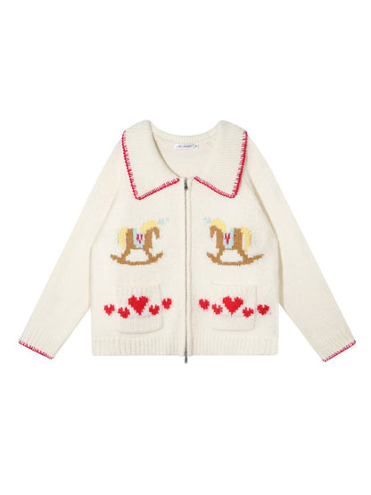 Contrast-Trim Horse Jacquard Knit Zip Cardigan