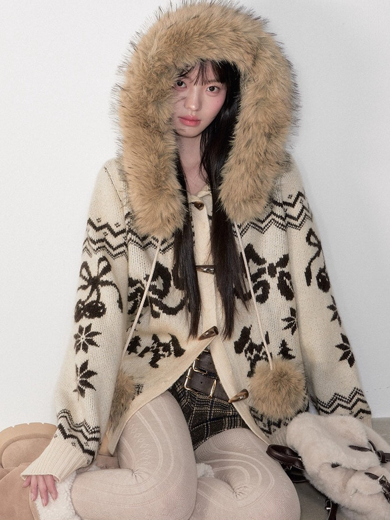 Fair Isle Fur Collar Toggle Knit Coat