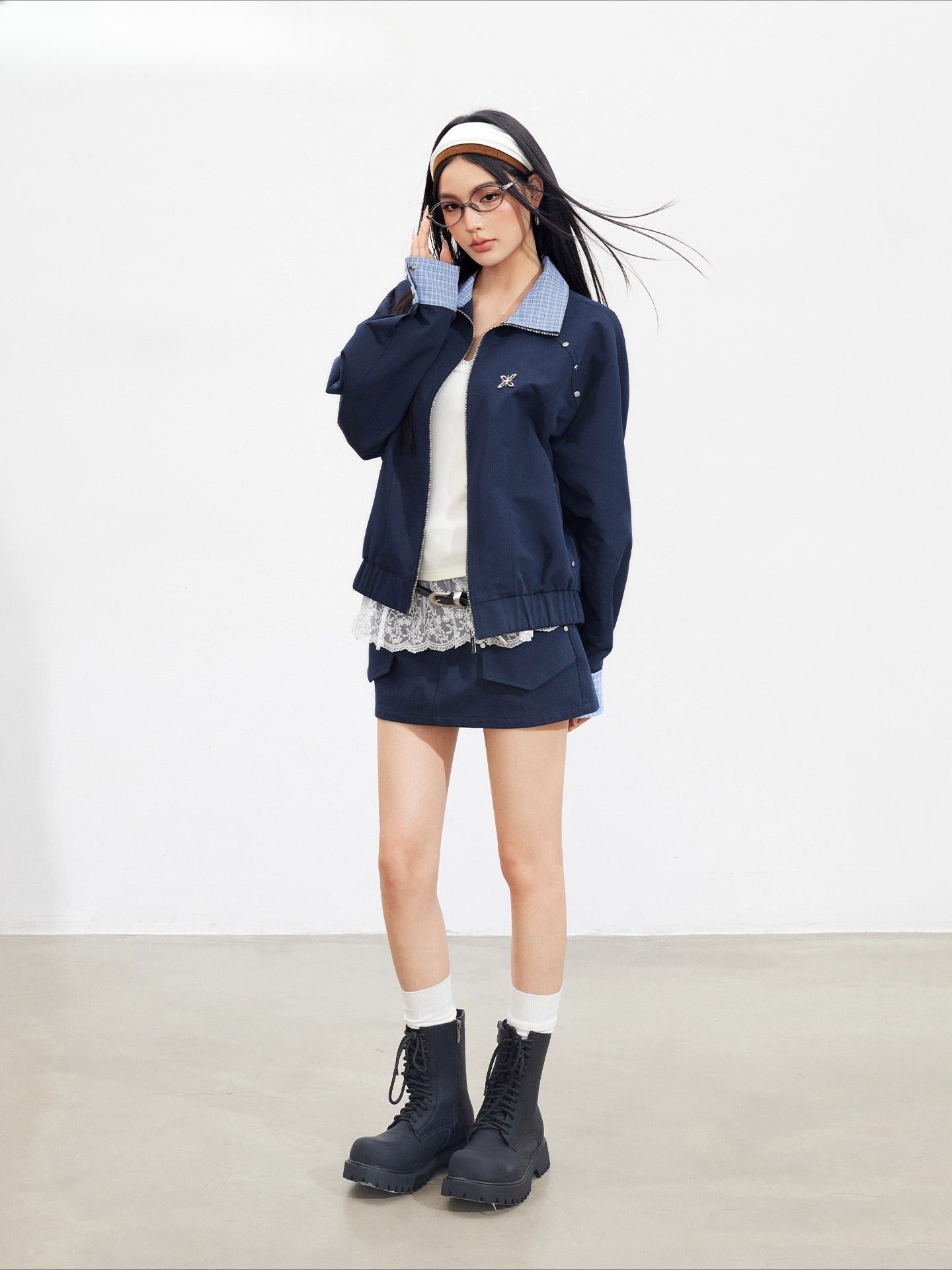 Navy Blue Plaid Patchwork Jacket