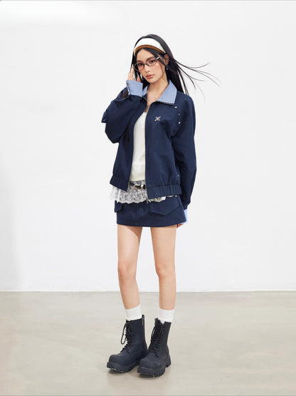 Navy Blue Plaid Patchwork Jacket