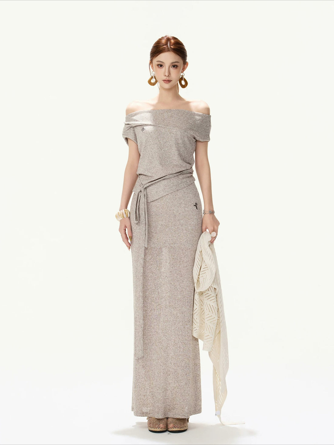 Gray Tie-Waist Knit Top &amp; Skirt Set