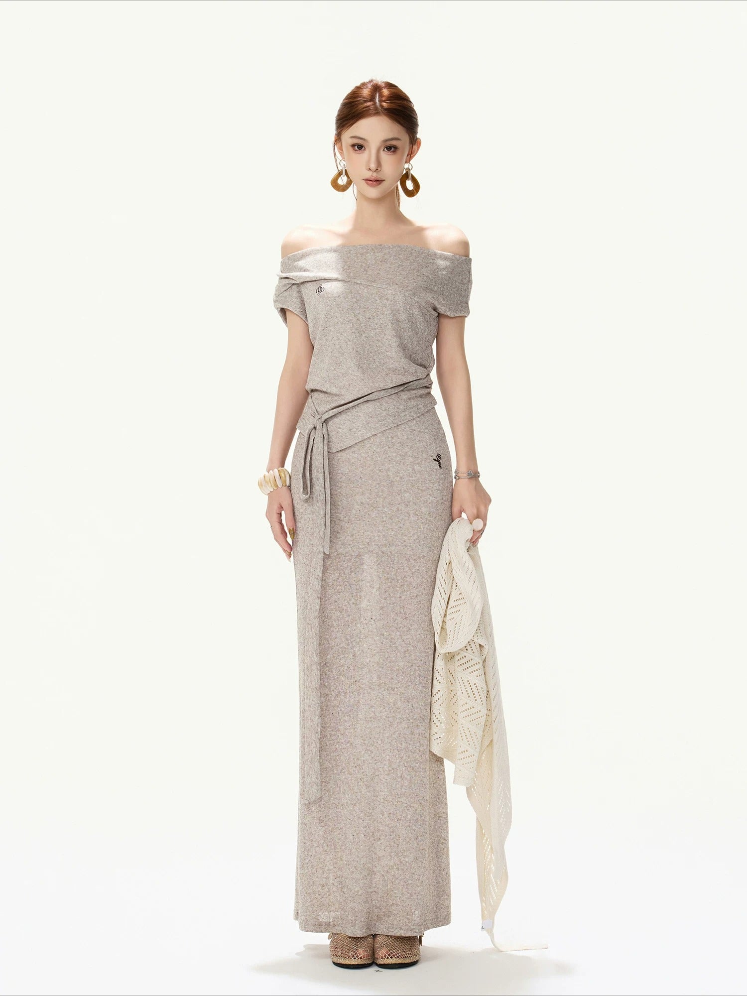 Gray Tie-Waist Knit Top &amp; Skirt Set
