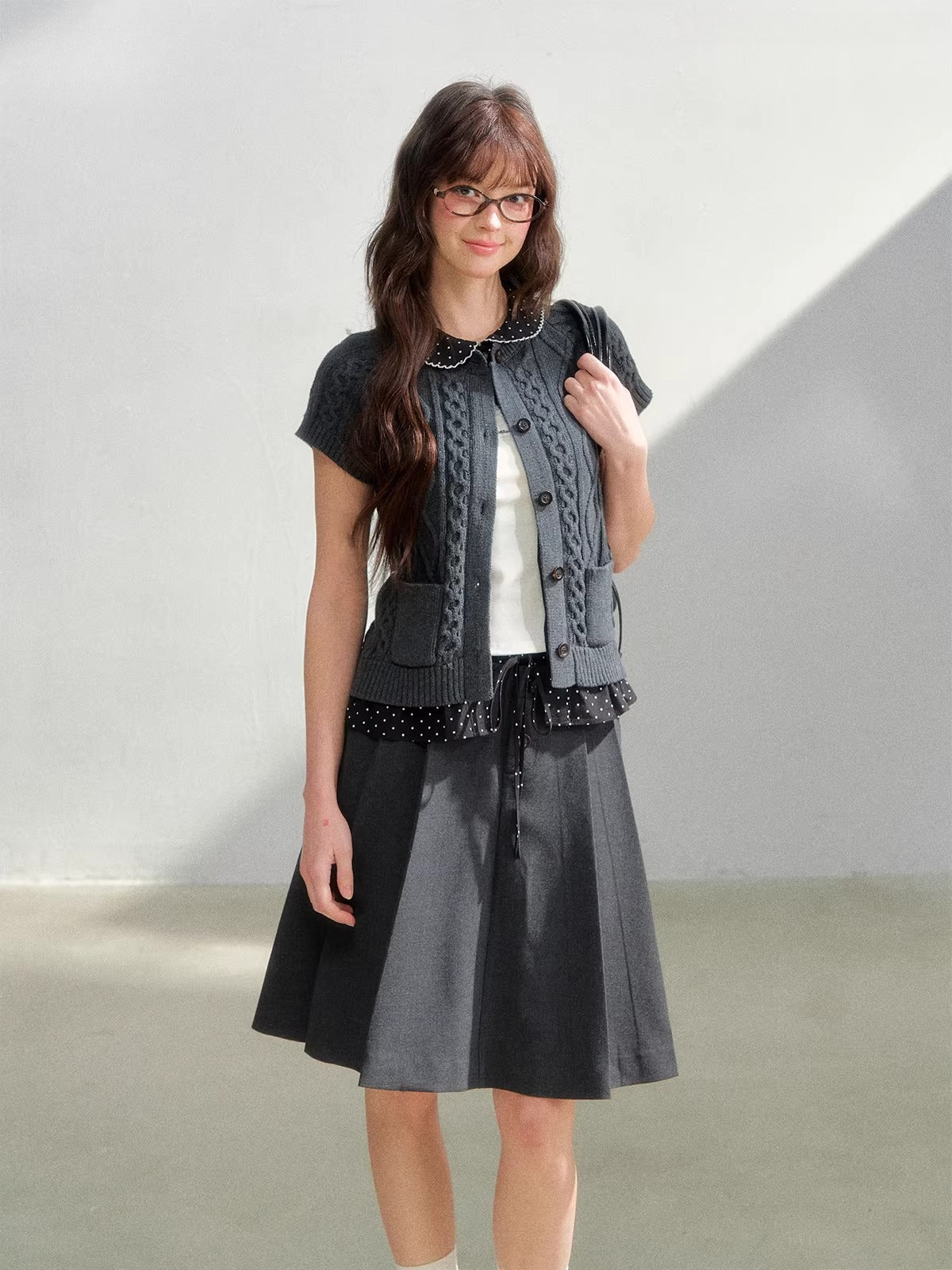 Gray Polka Pleated Midi Skirt