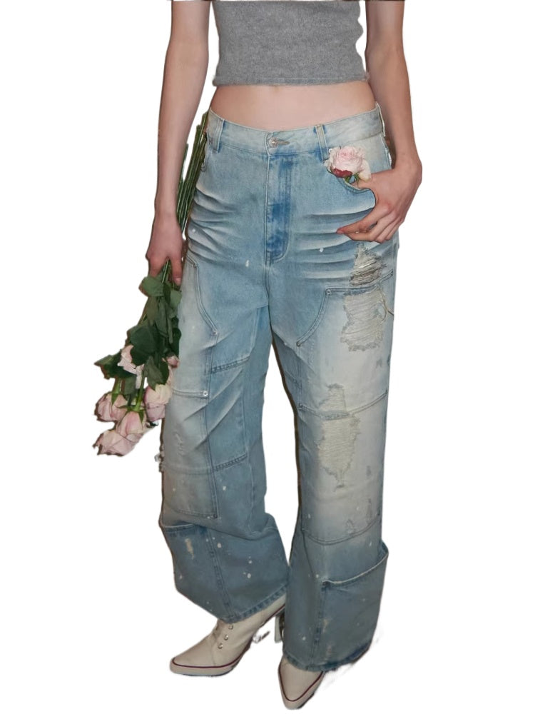 Washed Denim Straight Pants