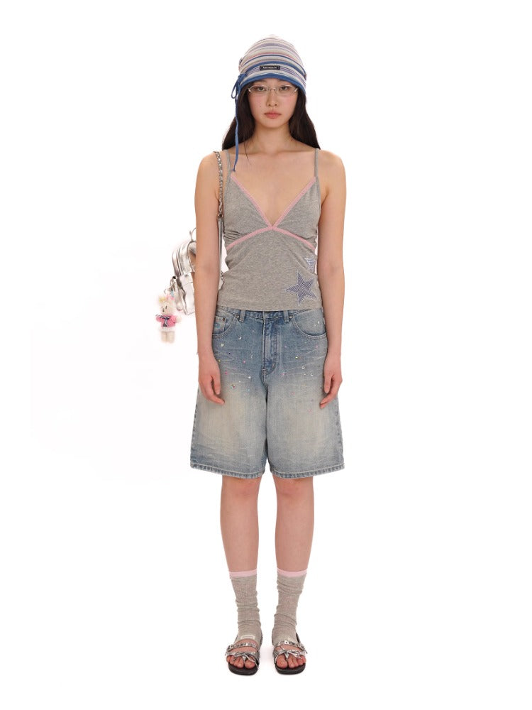 Rhinestone Pocket Embroidered Denim Capri Shorts/Long Pants