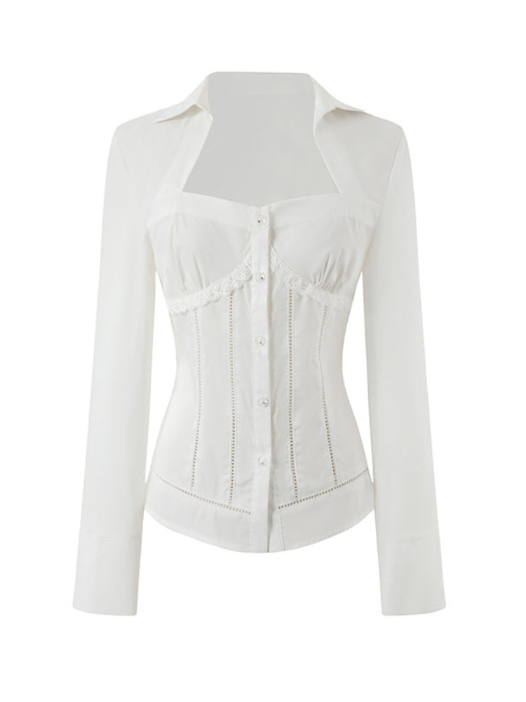 White Lace Slim-Fit Long-Sleeve Shirt