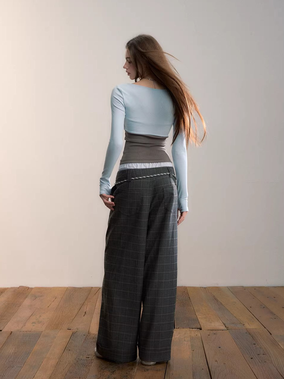 Double Waist Plaid Trousers