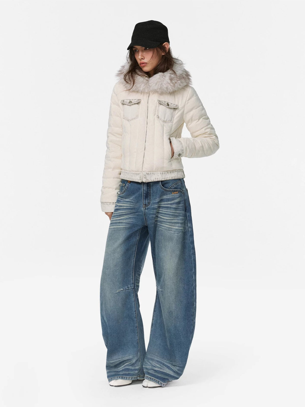 Denim Trim Fur-Collar Down Jacket
