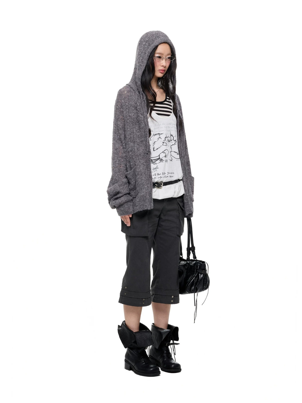 Hooded Mohair Blend Knit Cardigan