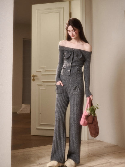 Velvet Bunny Wool Cloud Off-Shoulder Knit Cardigan &amp; Pants Set