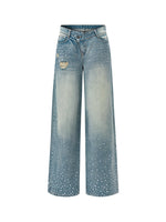 Washed Rhinestone Straight-Leg Wide-Leg Pants