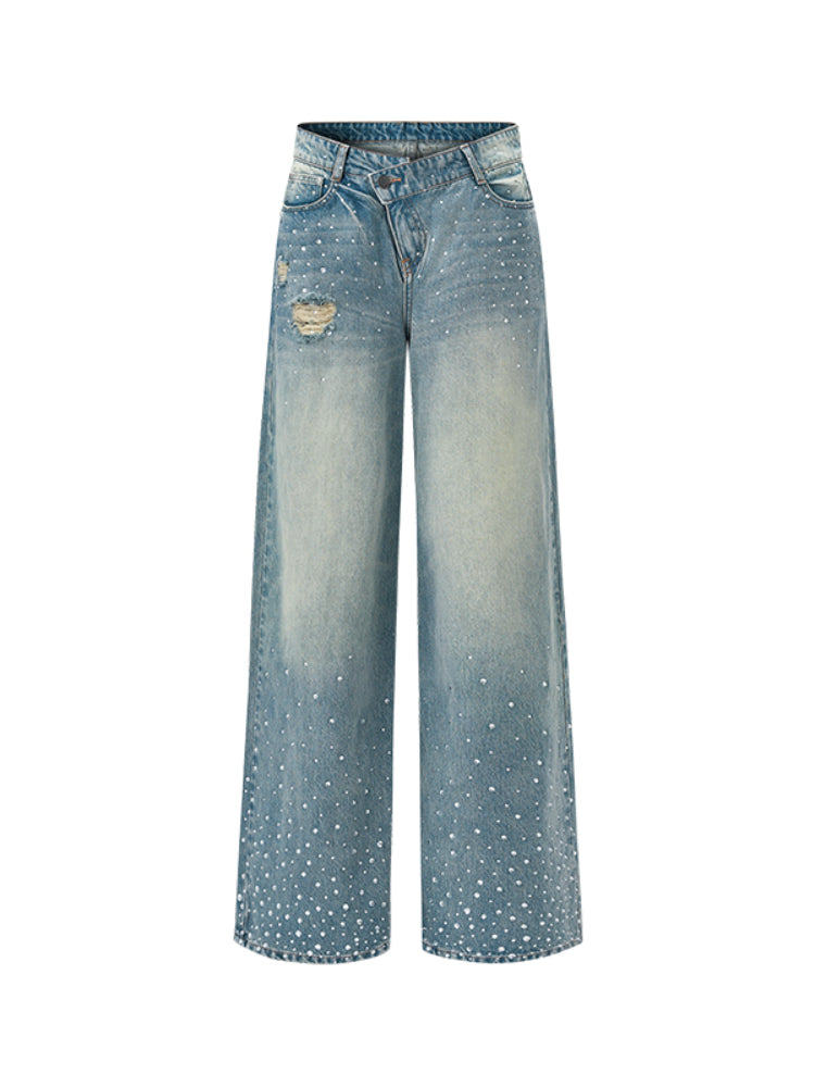 Washed Rhinestone Straight-Leg Wide-Leg Pants