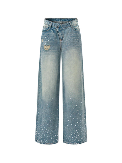 Washed Rhinestone Straight-Leg Wide-Leg Pants