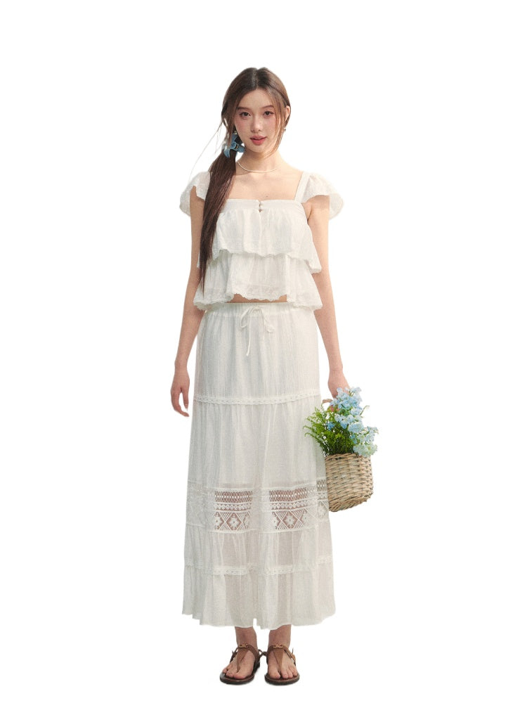 Soft Flutter Sleeve Blouse & Skirt Set