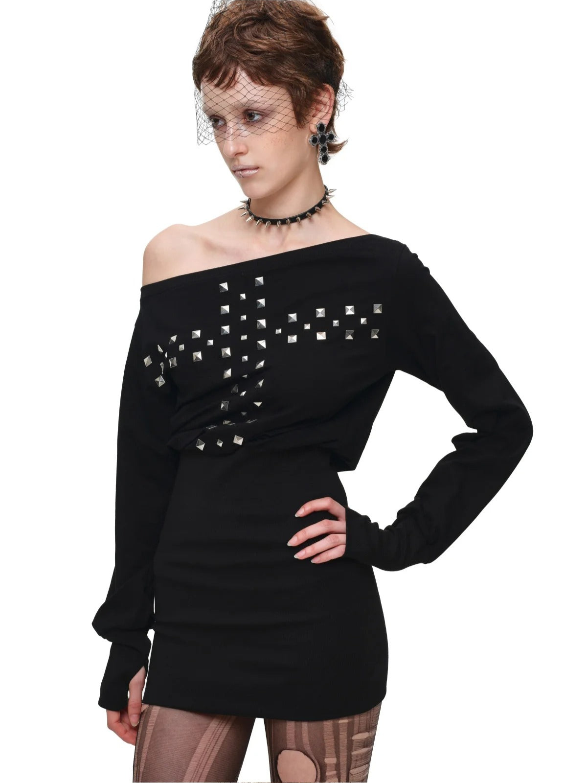 Cross Stud Off-Shoulder Dress