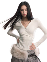 Cross Neck Hooded Slim-Fit Knit Top